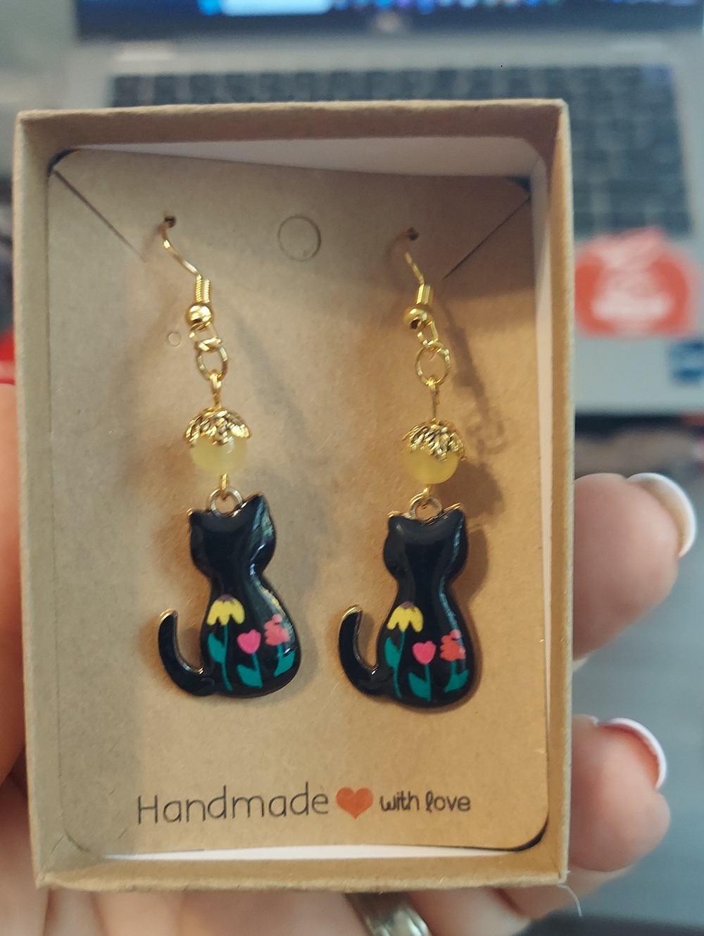 Handmade Black Cat Floral Dangle Earrings - Handmade